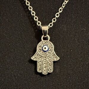 Silver Rhinestone Hamsa Hand Pendant Necklace